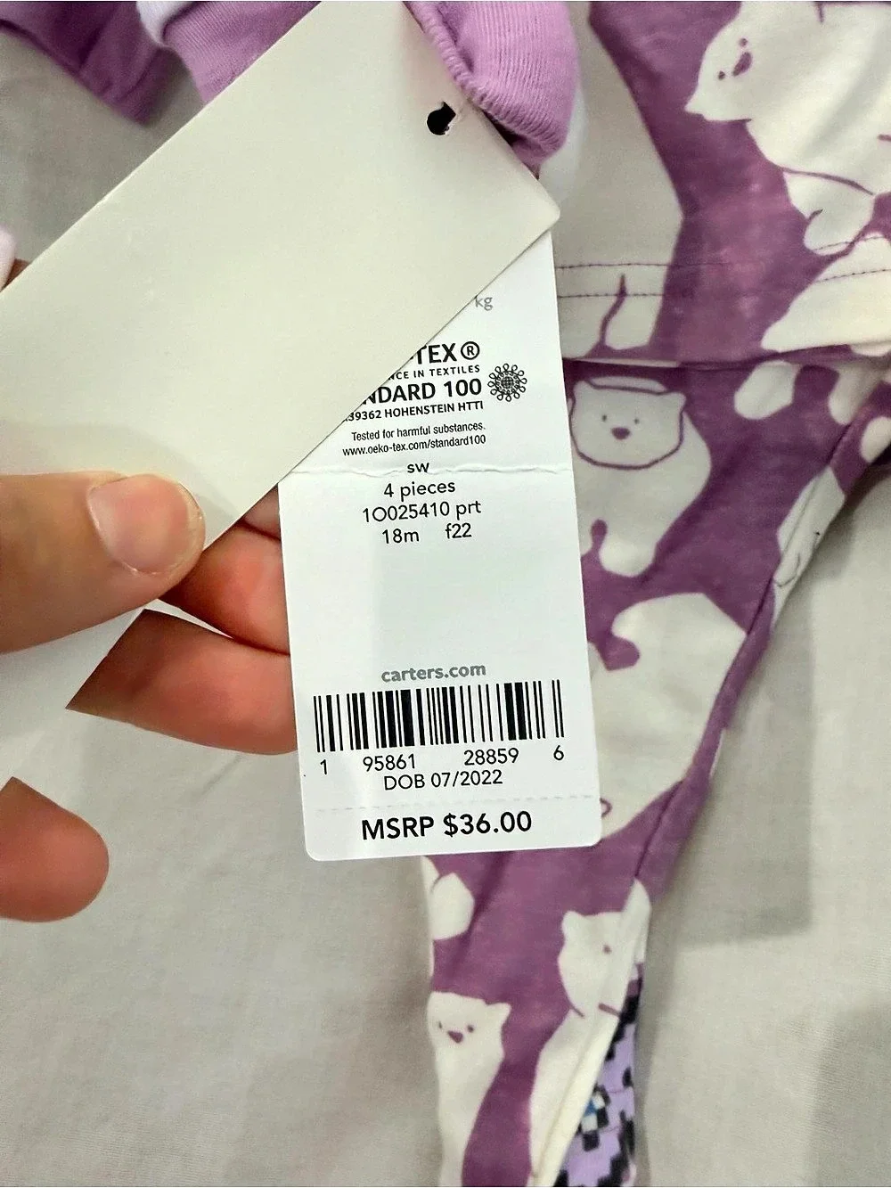 Carter's 4-Piece Bear Pajama Set Purple Baby 18M NWT